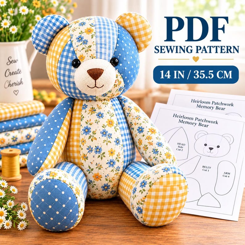 Peut inclure: Un ours en peluche en patchwork fait de tissu bleu et jaune avec des motifs floraux, vichy et &agrave; pois. L'ours a des yeux noirs et un nez marron. &Agrave; c&ocirc;t&eacute; se trouvent des pages imprim&eacute;es PDF SEWING PATTERN 14 IN / 35.5 CM Heirloom Patchwork Memory Bear.