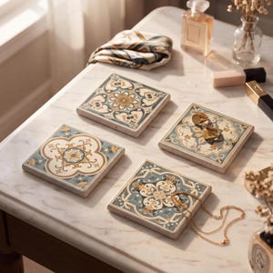May include: Four square stone coasters featuring intricate floral and geometric patterns in shades of blue, cream, and gold. The coasters are arranged on a white marble surface alongside two gold rings, a gold chain necklace, and a patterned silk scarf.