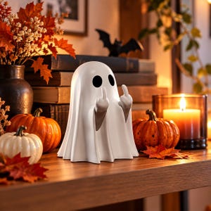 Peut inclure: Une figurine de fantôme blanc lisse avec deux yeux ovales noirs, représentée avec les deux bras levés et les majeurs tendus. Le fantôme a une apparence drapée semblable à un drap avec une tête arrondie et une base évasée, posé sur une surface en bois.