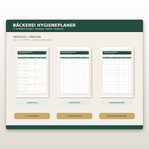 May include: A digital bakery hygiene planner set featuring 12 fillable templates for cleaning, hygiene, and temperature tracking. The document includes text in German and English, formatted for A4 and US Letter sizes, with sections for daily cleaning, cooling temperature logs, and goods receipt control.