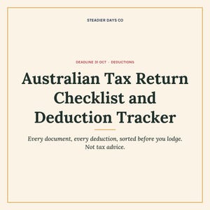 Puede incluir: Un documento digital titulado Australian Tax Return Checklist and Deduction Tracker de Steadier Days Co. El texto incluye Deadline 31 Oct, Deductions y la frase Every document, every deduction, sorted before you lodge. Not tax advice.