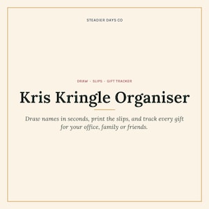 May include: A square digital graphic with a cream background and a thin gold border. The text reads: STEADIER DAYS CO, DRAW · SLIPS · GIFT TRACKER, Kris Kringle Organiser, and Draw names in seconds, print the slips, and track every gift for your office, family or friends.