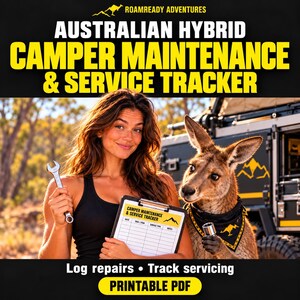 Könnte beinhalten: Ein druckbares PDF-Dokument mit dem Titel Australian Hybrid Camper Maintenance & Service Tracker. Das Dokument enthält ein Raster zum Protokollieren von Daten, Aufgaben, Artikeln, Servicetypen und Notizen. Der Header enthält das RoamReady Adventures-Logo.