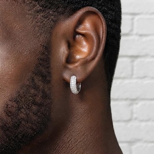 Può includere: Un piccolo orecchino a cerchio color argento con incastonatura a pavé, caratterizzato da numerose pietre minuscole, chiare e scintillanti incastonate sull'intera superficie esterna della fascia circolare, fissato saldamente al lobo.