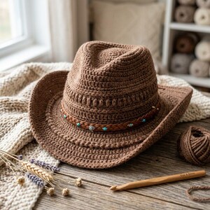 May include: A brown crocheted fedora hat featuring a textured crown and a wide brim. The hat is accented with a braided brown band adorned with small turquoise beads and a central silver-toned metal charm, showcasing intricate yarn work.