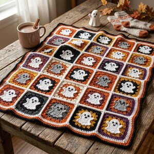 May include: A square crochet blanket featuring a grid of individual granny squares, each displaying a small white ghost motif. The squares are bordered in white and colored in shades of orange, black, gray, and purple, creating a repeating pattern.