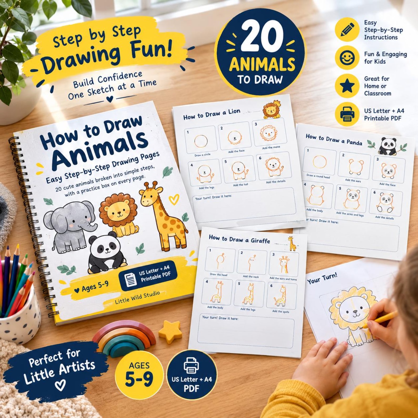How to Draw Animals for Kids Ages 5-9, 20 Easy Directed Drawing Pages ...