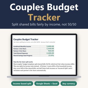 Puede incluir: Un rastreador de presupuesto para parejas en la pantalla de una computadora portátil. La interfaz muestra una tabla con ingresos mensuales combinados, partes justas de los socios, gastos compartidos y progreso de ahorros. Debajo hay botones para Income-based split, Google Sheets + Excel y Any currency.