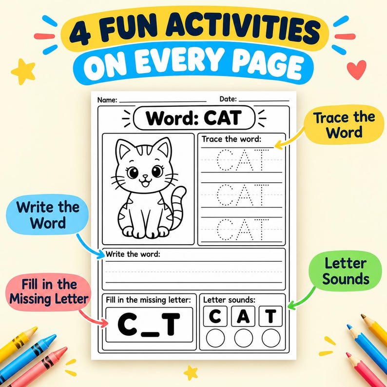 Reception Cvc Practice Writing 100 CVC Word Worksheets, Short Vowel Phonics, Tracing and Writing ...