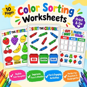 May include: A set of 10 colour sorting worksheets featuring activities like Sort the Fruits, Sort the Crayons, and Cut & Paste: Sort by Colour. The pages include illustrations of fruits, crayons, and various objects to sort into red, blue, and green categories.