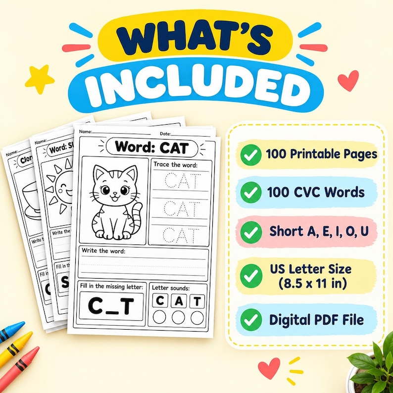 Reception Cvc Practice Writing 100 CVC Word Worksheets, Short Vowel Phonics, Tracing and Writing ...
