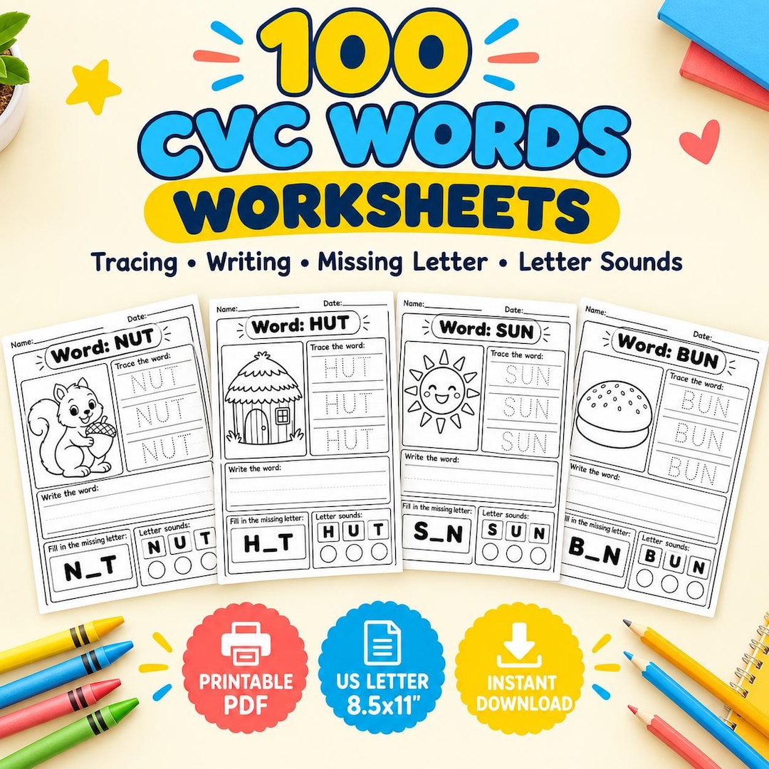 Reception Cvc Practice Writing 100 CVC Word Worksheets, Short Vowel Phonics, Tracing and Writing ...