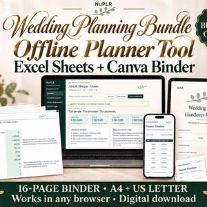 Pode incluir: Um pacote de planeamento de casamentos com uma ferramenta de planeamento offline, folhas de Excel e um dossier Canva. O ecrã mostra um portátil, um smartphone e páginas impressas com texto como Wedding Planning Bundle, Wedding Day Handover Binder e Master Timeline. Os ficheiros digitais estão em formato A4 e US Letter.