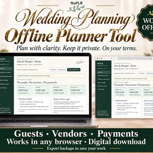 Op de afbeelding: Een digitale trouwplanningstool weergegeven op een laptop en in een apart venster. De interface bevat secties voor gasten, leveranciers en betalingen met de tekst 'Wedding Planning Offline Planner Tool' en 'WORKS OFFLINE'.