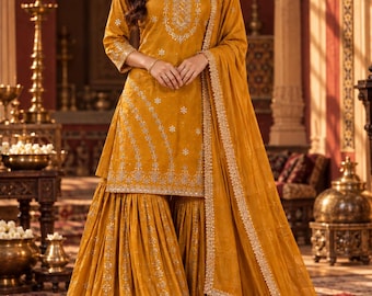 Completo Sharara Kurti giallo firmato da stilista con dupatta per donna, set da sposa pronto all'uso, completo ricamato