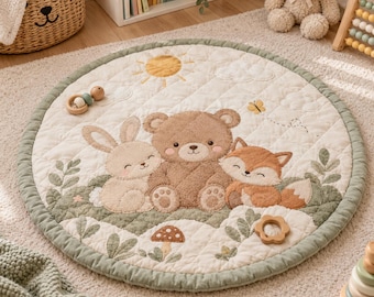 May include: A round, quilted play mat in cream with a sage green border. The center features embroidered illustrations of a brown bear, a beige rabbit, and a brown fox sitting in grass. Additional details include a yellow sun, clouds, a butterfly, and a mushroom.