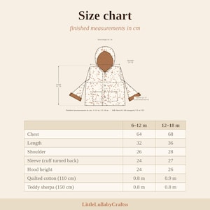 May include: A size chart for a hooded jacket with a speckled pattern, featuring a technical line drawing with labeled measurements in centimeters. A table below lists finished measurements for 6-12m and 12-18m sizes, including chest, length, shoulder, sleeve, hood height, and fabric requirements for quilted cotton and teddy sherpa. The text LittleLullabyCraftss appears at the bottom.