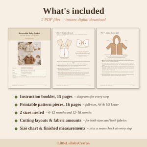 May include: A digital sewing pattern for a reversible baby jacket, including 2 PDF files with 15 pages of instructions and 16 pages of printable pattern pieces. Features diagrams, cutting layouts, fabric amounts, and a size chart for 6-18 months.