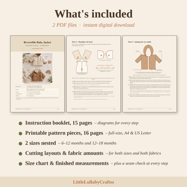 May include: A digital sewing pattern for a reversible baby jacket, including 2 PDF files with 15 pages of instructions and 16 pages of printable pattern pieces. Features diagrams, cutting layouts, fabric amounts, and a size chart for 6-18 months.