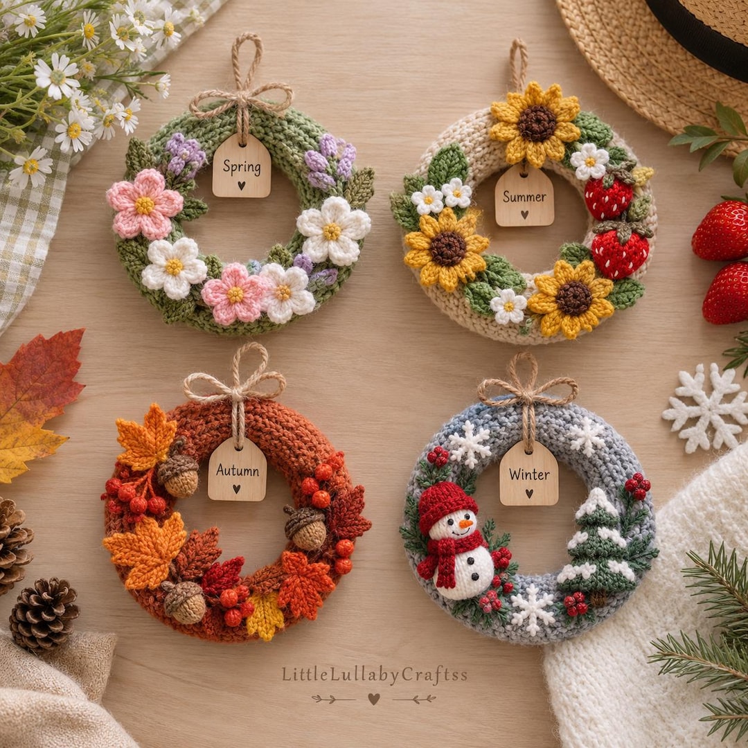 Knitting Pattern PDF 4 Seasons Mini Wreath Easy Spring Summer Fall ...