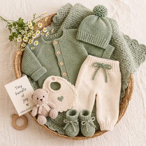 Könnte beinhalten: Ein salbeigrünes Strickset für Babys mit langärmeliger Knopfjacke, passender Mütze mit Bommel, Booties und strukturierter Decke. Enthält eine cremefarbene Strickhose mit Kordelzug, ein Lätzchen mit Herz und einen kleinen Häkelbären. Eine Karte zeigt den Text Tiny bundle of joy LittleLullabyCrafts.