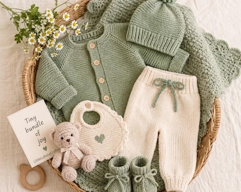 May include: A sage green knitted baby set including a long-sleeve button-up cardigan, a matching beanie with a pom-pom, booties, and a textured blanket. Includes cream-colored knit pants with a drawstring, a bib with a heart, and a small crochet teddy bear. A card reads Tiny bundle of joy LittleLullabyCrafts.