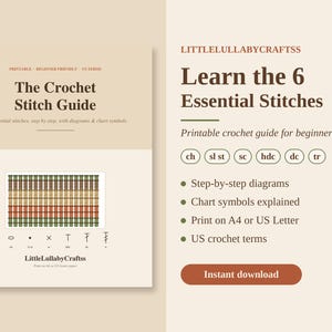 May include: A printable crochet stitch guide by LittleLullabyCraftss featuring the text Learn the 6 Essential Stitches. The document includes step-by-step diagrams, chart symbols, and US crochet terms for beginners on A4 or US Letter paper.