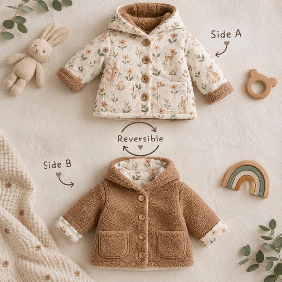 Reversible Baby Jacket Sewing Pattern, Quilted Floral & Teddy Fleece (PDF Download)