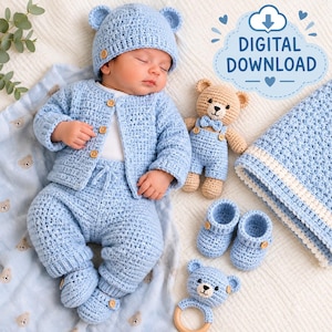May include: A light blue crochet baby set including a bear-ear hat, a button-up cardigan, pants, and booties. A matching crochet bear toy, a rattle, and a blanket are included. The image features the text DIGITAL DOWNLOAD in a cloud graphic.