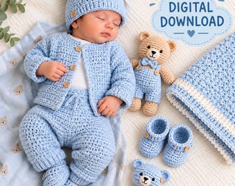 May include: A light blue crochet baby set including a bear-ear hat, a button-up cardigan, pants, and booties. A matching crochet bear toy, a rattle, and a blanket are included. The image features the text DIGITAL DOWNLOAD in a cloud graphic.
