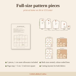 May include: A digital sewing pattern for a reversible baby jacket, featuring full-size pattern pieces, a page map, a 2-inch test square, and cutting layouts. The document includes 5 pieces with a 1 cm seam allowance, nested sizes, and color-coded lines for A4 or US Letter printing.