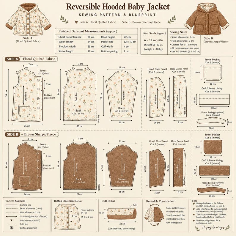 May include: A sewing pattern and blueprint for a reversible hooded baby jacket. The document displays technical diagrams for floral quilted fabric and brown sherpa fleece sides, including labeled pattern pieces, metric measurements, and assembly instructions.