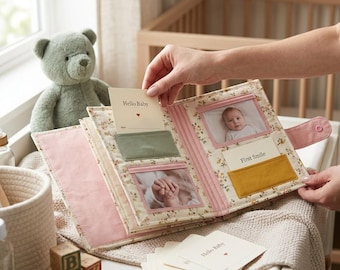 May include: A fabric baby memory book with a floral print, featuring pink interior panels, photo sleeves, and pockets. It includes cards labeled Hello Baby and First Smile, with a stack of additional cards and a snap closure.