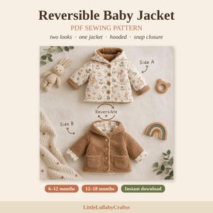May include: A reversible baby jacket PDF sewing pattern featuring a hooded design with snap closures. Side A shows a cream-colored fabric with a floral and animal print, while Side B displays a solid brown textured fleece material with two pockets.