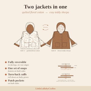 May include: A reversible jacket illustration featuring two sides: Side A in a white quilted floral cotton and Side B in a brown teddy sherpa. The design includes a hood, snap closures, patch pockets, and turn-back cuffs. Text includes Two jackets in one, quilted floral cotton, cosy teddy sherpa, and LittleLullabyCraftss.
