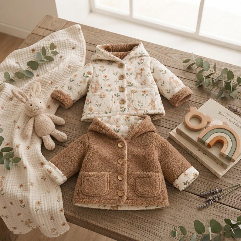 May include: Two reversible hooded jackets featuring a cream-colored side with a floral and woodland animal print and a solid brown textured fleece side. Both jackets have long sleeves, front buttons, and two patch pockets on the front.