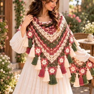 Modèle de châle à pompons floraux au crochet, niveau intermédiaire, PDF illustré avec photos (téléchargement numérique)
