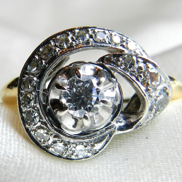 Antique Engagement Ring .85 tdw Art Deco Diamond Halo Ring, Antique 1920s Platinum Prongs 14K Gold