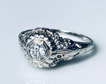 Engagement Ring Deco Diamond Ring 14K Filigree Diamond Filigree Ring 1920s Orange Blossom White Gold Old European Cut Diamond Filigree