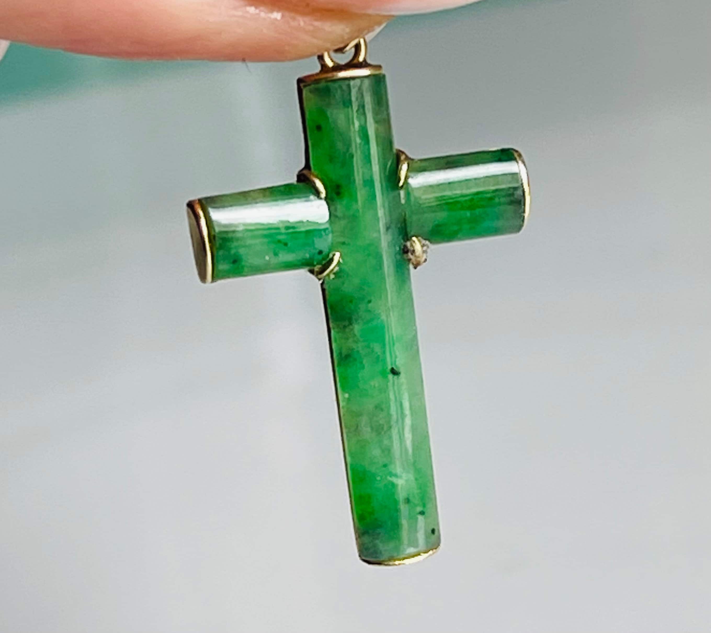 Jade Cross 14K Antique Vintage Genuine Green Jadeite Pendant 14K Yellow Gold Hand Made Necklace Gift