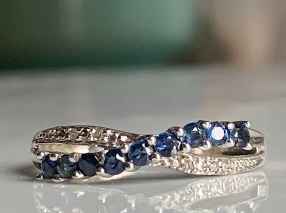 Blue Sapphire Ring Sapphire Diamond 14K White Gol… - image 1
