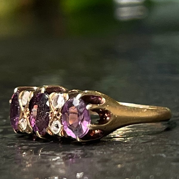 Amethyst Ring Victorian 14K Gold Amethyst Engagement Ring Diamond Three Stone Ring Engagement February Birthday Gift Dark Academia Aesthetic