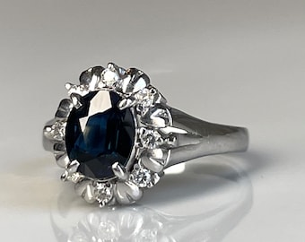 Sapphire Ring Platinum Engagement Ring Genuine Natural Blue Sapphire Diamond Ring 1.5 Carat Saphire Diamond Halo Gift for Her Birthday