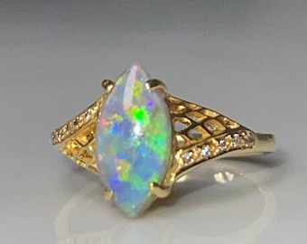 Opal Ring 18K Genuine Australian Solid Semi Black Opal Ring Diamond Vintage Antique Opal Engagement Gifts for Her Holiday Core Aesthetic