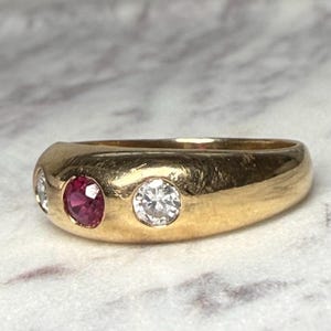 Ruby Ring in 14K Yellow Gold Three Stone Diamond and Ruby Ring w Bezel Setting for Engagement Ring Natural Ruby Ring July Estate Jewelry