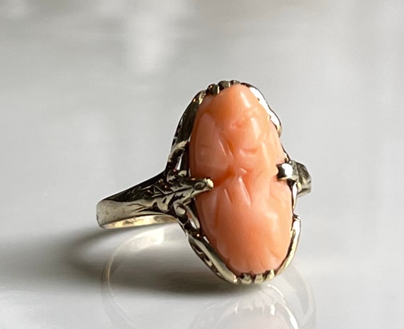 Cameo Ring Coral 10K Art Deco Antique Coral Cameo… - image 9