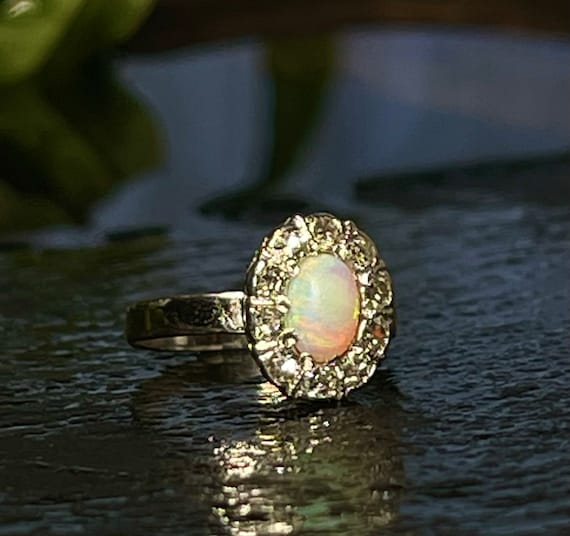 Opal Ring 14K Engagement Mine Cut Diamond Opal Ri… - image 2