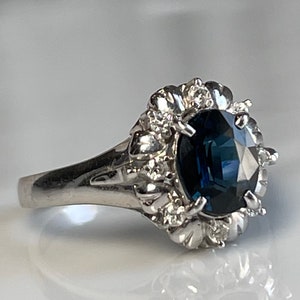 Sapphire Ring Platinum Engagement Ring Genuine Natural Blue Sapphire Diamond Ring 1.5 Carat Saphire Diamond Halo Gift for Her Birthday
