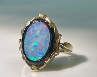 Opal Ring Art Deco Opal Ring 10k Yellow Gold Onyx Opal Ring Unique Engagement Blue Opal Ring Antique Vintage