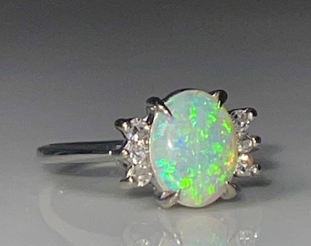 Opal Ring Art Deco Opal Ring 14k Blue Opal Ring Art Deco Australian Blue Opal Engagement Ring 14K White Gold October Gift for Her Libra